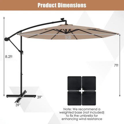 10 Feet Solar Offset Hanging Umbrella with 40 Lamp Beads and Solar Panel-Tan - Tan - Outdoor Umbrellas