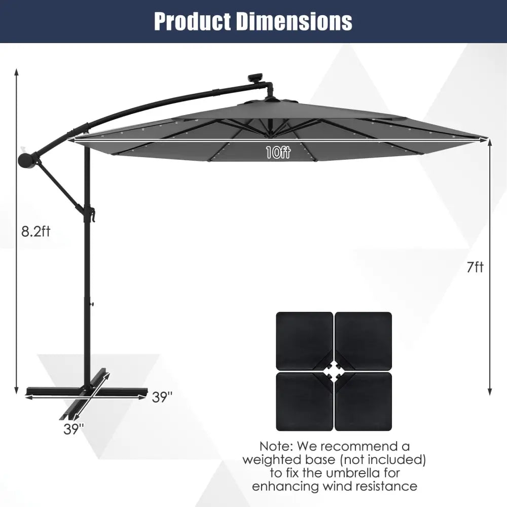 10 Feet Solar Offset Hanging Umbrella with 40 Lamp Beads and Solar Panel-Gray - Gray - Outdoor Umbrellas