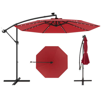 10 Feet Solar Offset Hanging Umbrella with 40 Lamp Beads and Solar Panel-Wine - Dark Red - Outdoor Umbrellas