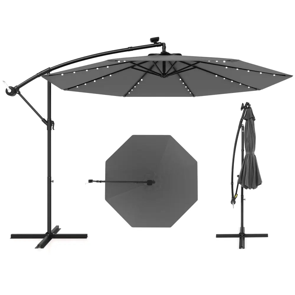 10 Feet Solar Offset Hanging Umbrella with 40 Lamp Beads and Solar Panel-Gray - Gray - Outdoor Umbrellas