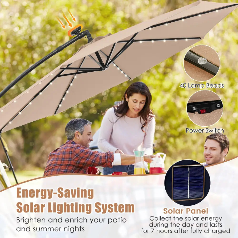 10 Feet Solar Offset Hanging Umbrella with 40 Lamp Beads and Solar Panel-Tan - Tan - Outdoor Umbrellas