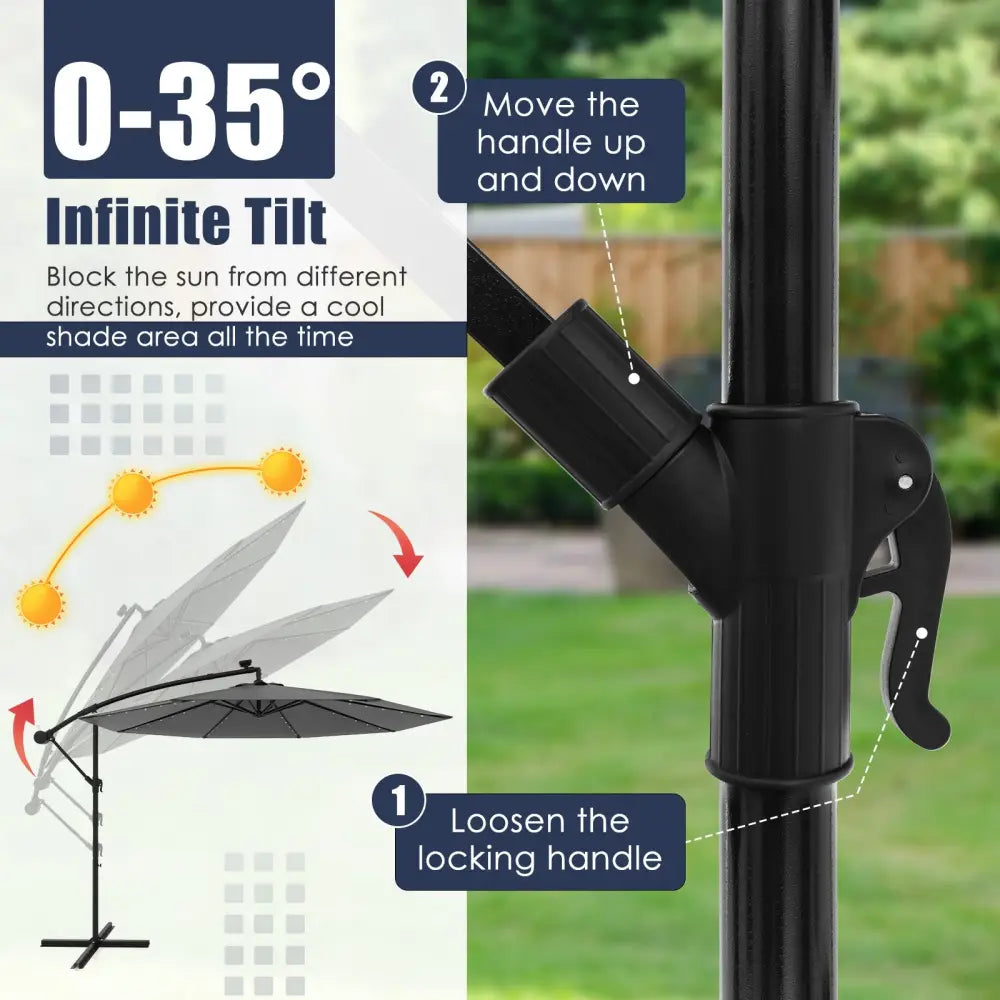 10 Feet Solar Offset Hanging Umbrella with 40 Lamp Beads and Solar Panel-Gray - Gray - Outdoor Umbrellas