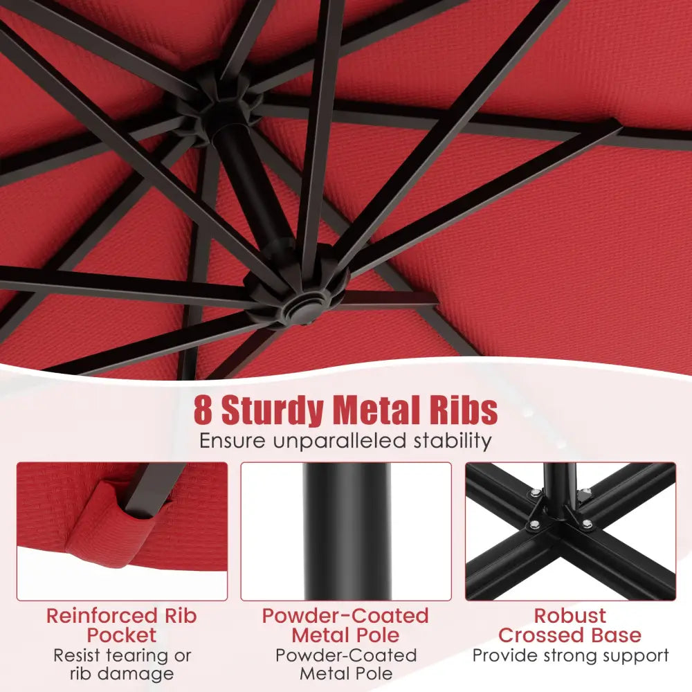 10 Feet Solar Offset Hanging Umbrella with 40 Lamp Beads and Solar Panel-Wine - Dark Red - Outdoor Umbrellas