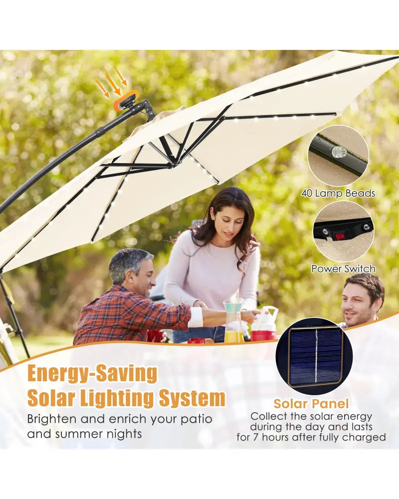 10 Feet Solar Offset Hanging Umbrella with 40 Lamp Beads and Solar Panel-Beige - Beige - Outdoor Umbrellas