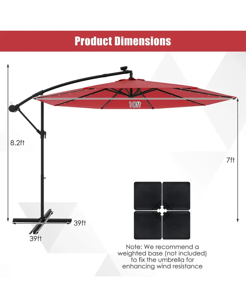 10 Feet Solar Offset Hanging Umbrella with 40 Lamp Beads and Solar Panel-Wine - Dark Red - Outdoor Umbrellas