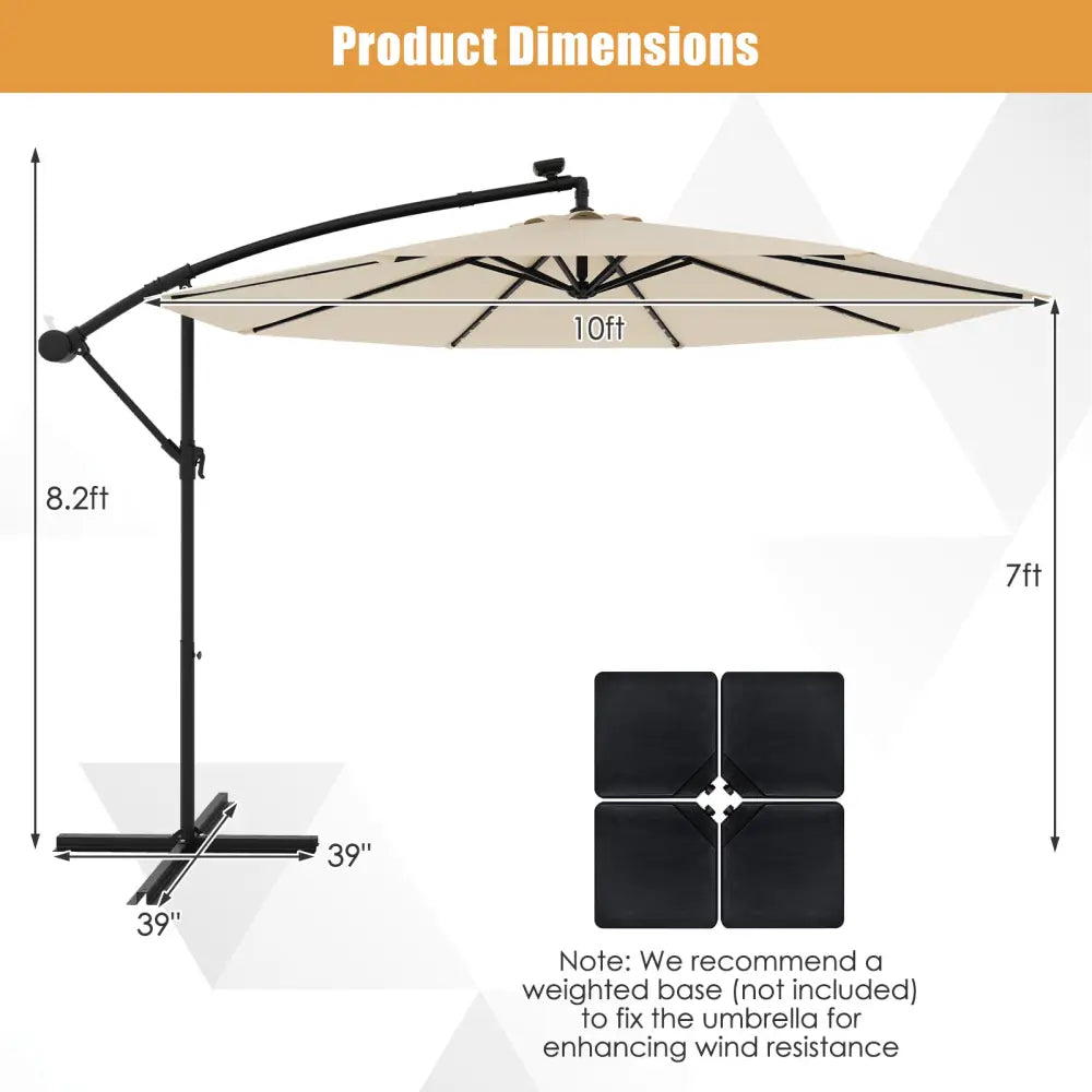 10 Feet Solar Offset Hanging Umbrella with 40 Lamp Beads and Solar Panel-Beige - Beige - Outdoor Umbrellas