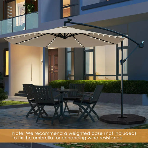 10 Feet Solar Offset Hanging Umbrella with 40 Lamp Beads and Solar Panel-Beige - Beige - Outdoor Umbrellas