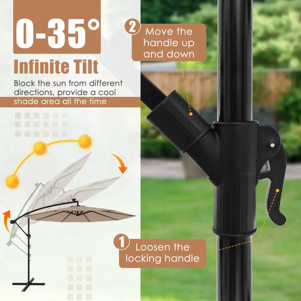 10 Feet Solar Offset Hanging Umbrella with 40 Lamp Beads and Solar Panel-Tan - Tan - Outdoor Umbrellas