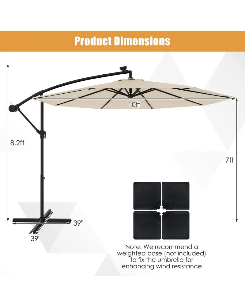 10 Feet Solar Offset Hanging Umbrella with 40 Lamp Beads and Solar Panel-Beige - Beige - Outdoor Umbrellas