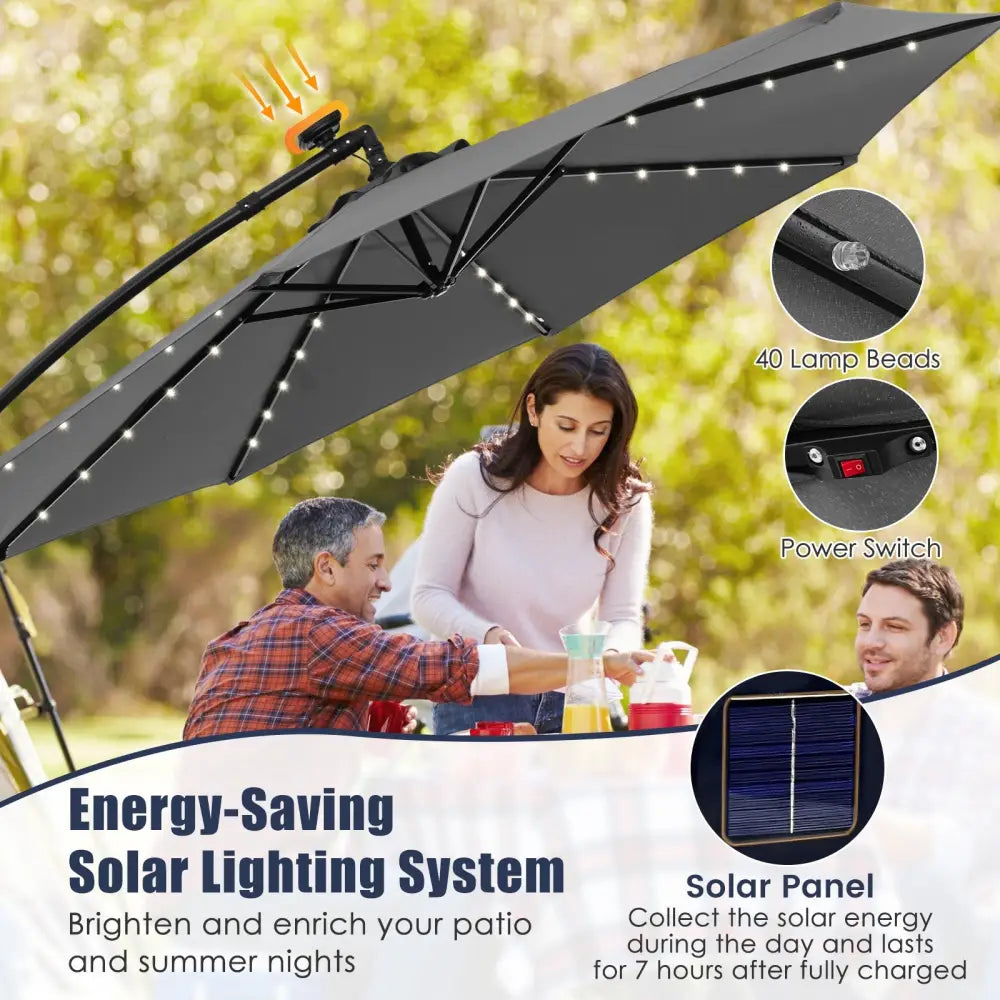 10 Feet Solar Offset Hanging Umbrella with 40 Lamp Beads and Solar Panel-Gray - Gray - Outdoor Umbrellas