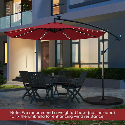 10 Feet Solar Offset Hanging Umbrella with 40 Lamp Beads and Solar Panel-Wine - Dark Red - Outdoor Umbrellas
