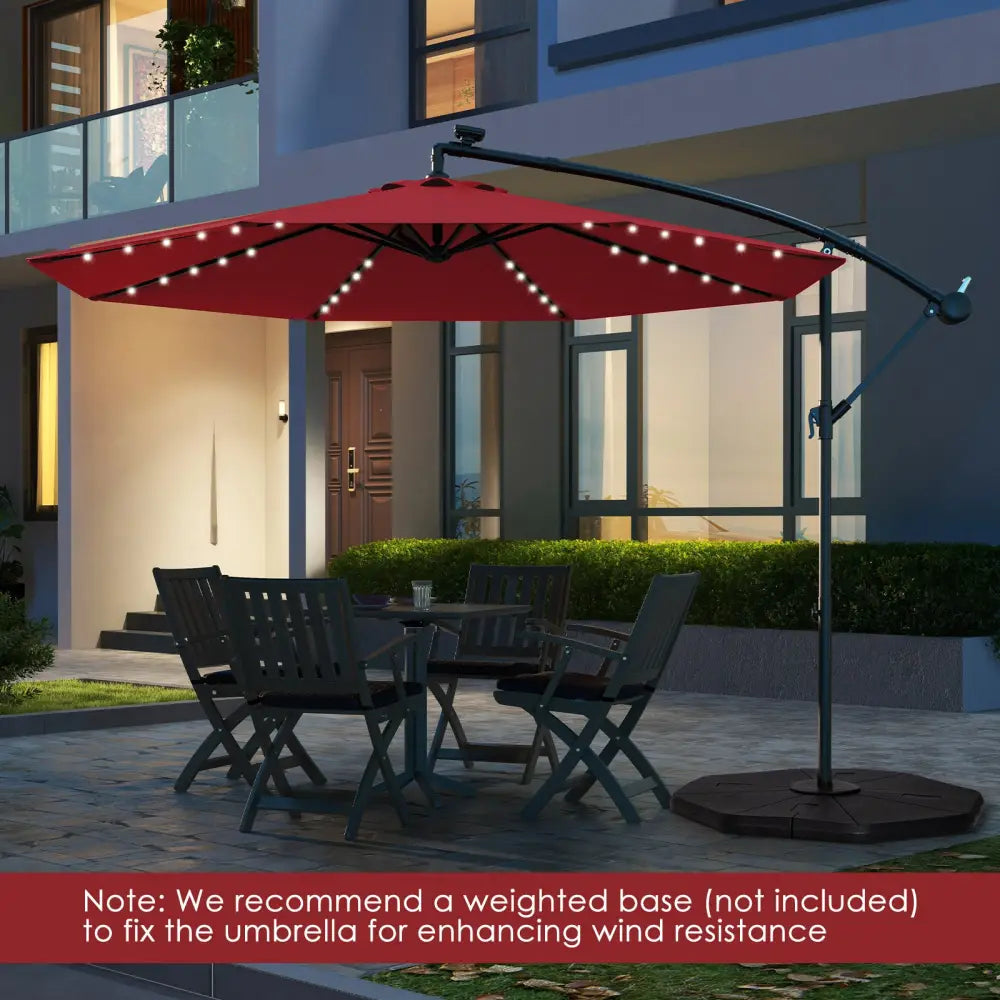 10 Feet Solar Offset Hanging Umbrella with 40 Lamp Beads and Solar Panel-Wine - Dark Red - Outdoor Umbrellas