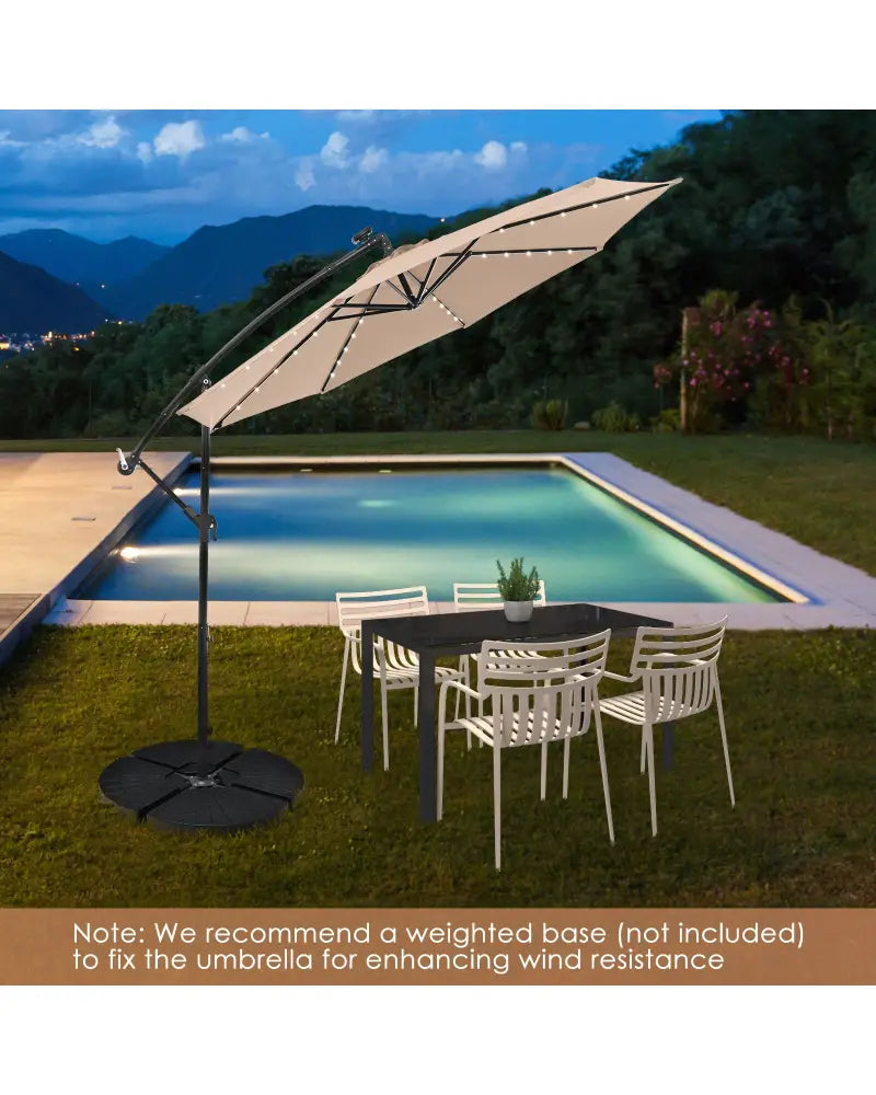10 Feet Solar Offset Hanging Umbrella with 40 Lamp Beads and Solar Panel-Tan - Tan - Outdoor Umbrellas