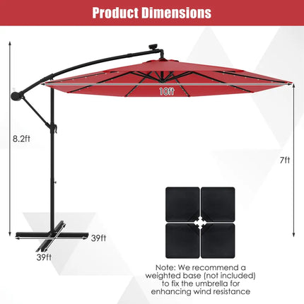 10 Feet Solar Offset Hanging Umbrella with 40 Lamp Beads and Solar Panel-Wine - Dark Red - Outdoor Umbrellas
