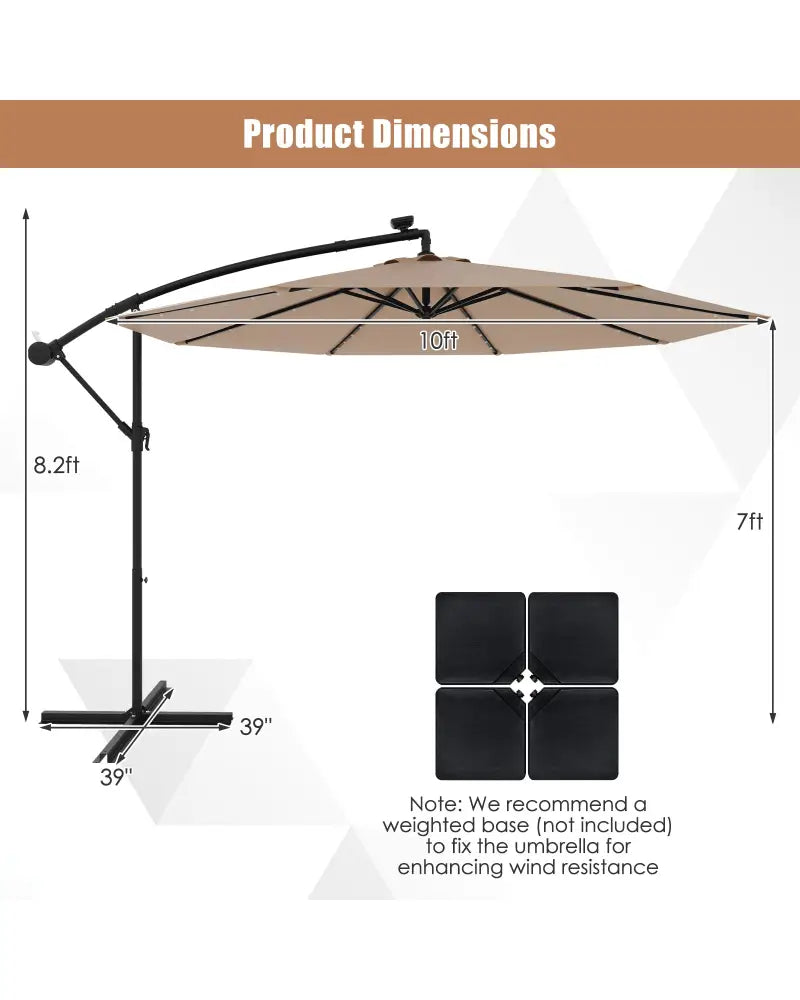10 Feet Solar Offset Hanging Umbrella with 40 Lamp Beads and Solar Panel-Tan - Tan - Outdoor Umbrellas