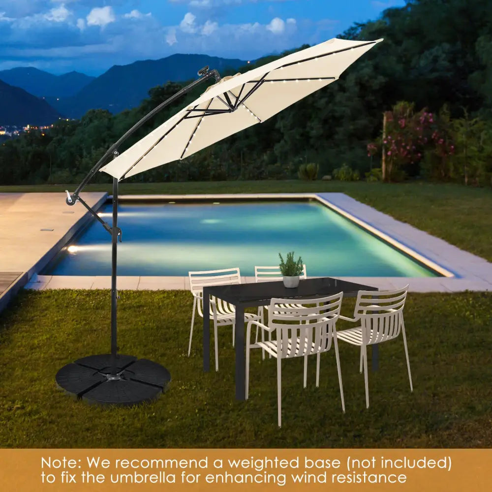 10 Feet Solar Offset Hanging Umbrella with 40 Lamp Beads and Solar Panel-Beige - Beige - Outdoor Umbrellas
