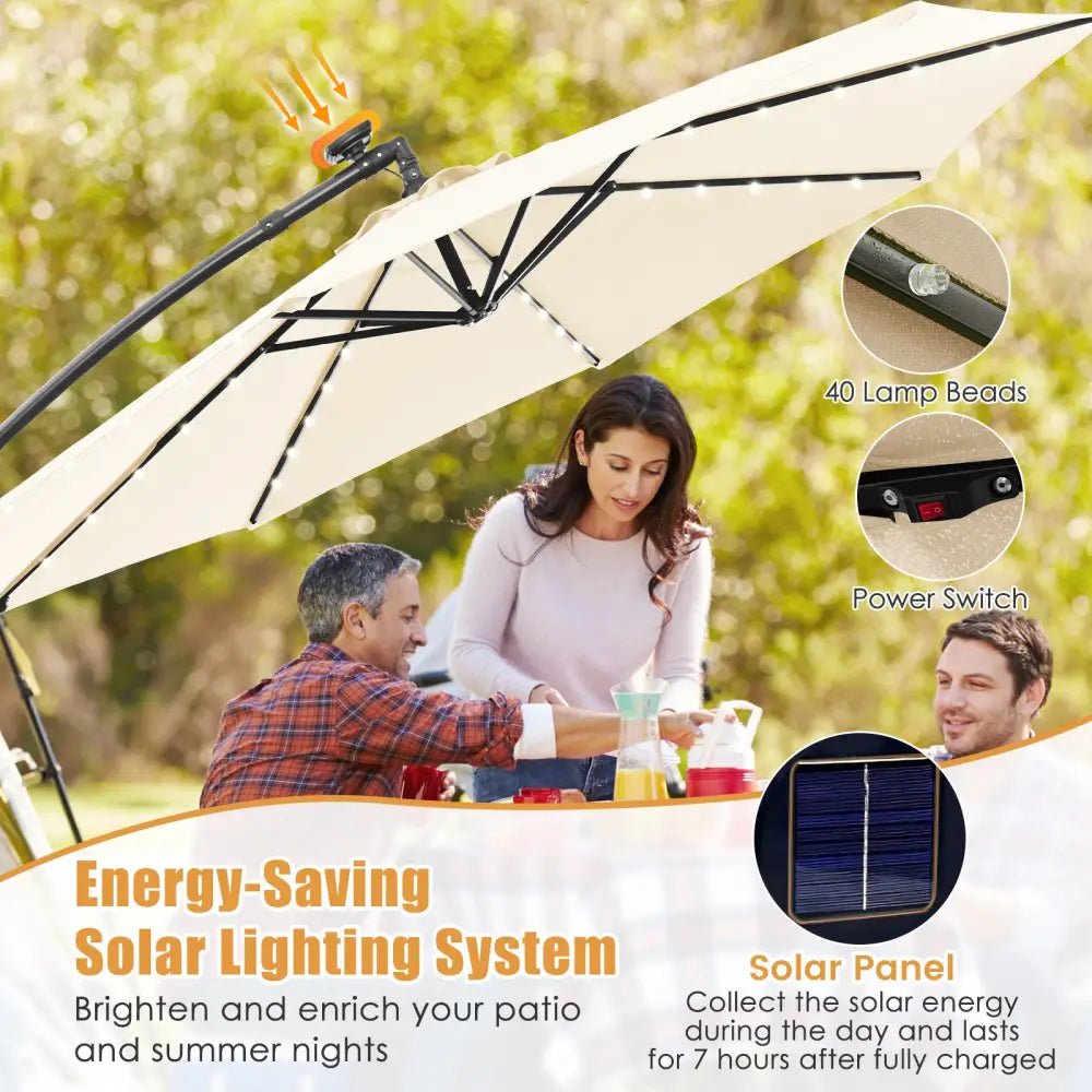 10 Feet Solar Offset Hanging Umbrella with 40 Lamp Beads and Solar Panel-Beige - Beige - Outdoor Umbrellas