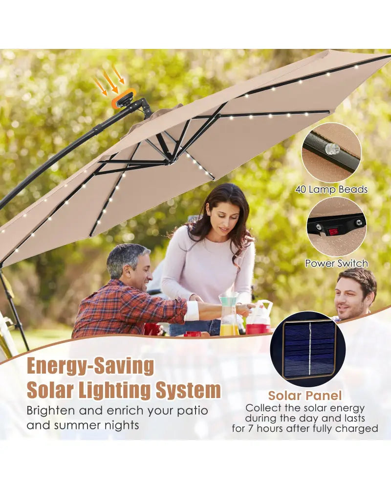 10 Feet Solar Offset Hanging Umbrella with 40 Lamp Beads and Solar Panel-Tan - Tan - Outdoor Umbrellas