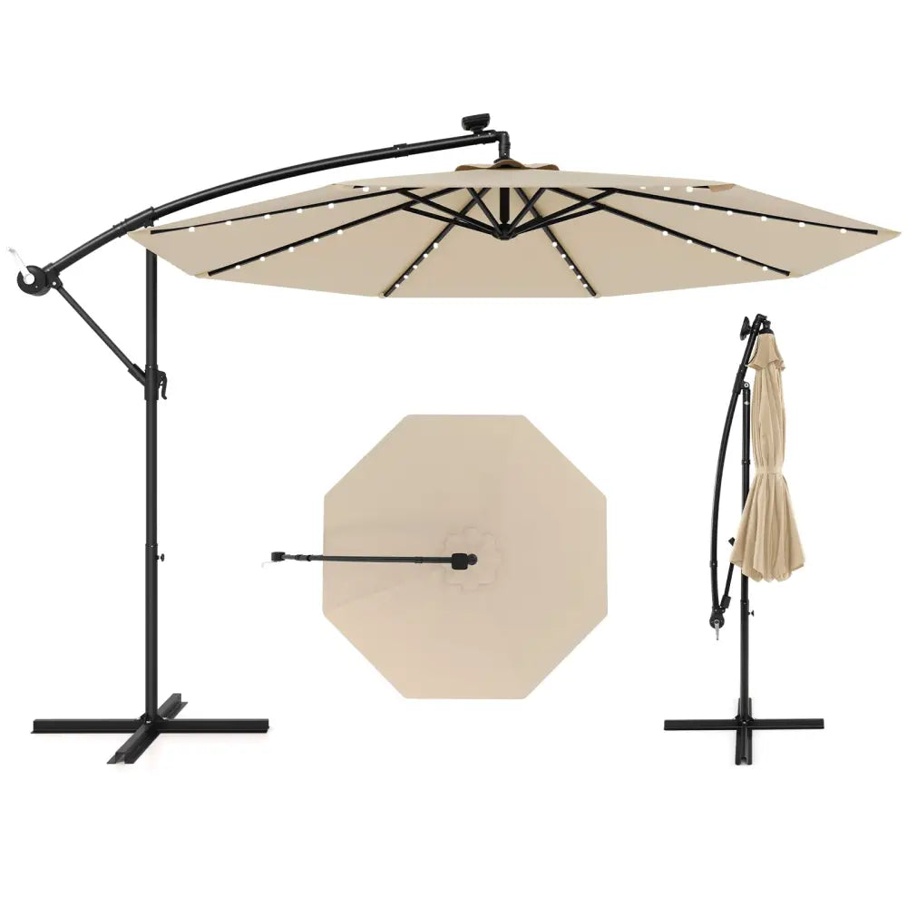 10 Feet Solar Offset Hanging Umbrella with 40 Lamp Beads and Solar Panel-Beige - Beige - Outdoor Umbrellas