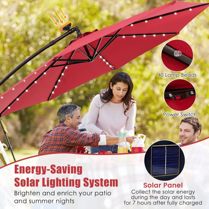 10 Feet Solar Offset Hanging Umbrella with 40 Lamp Beads and Solar Panel-Wine - Dark Red - Outdoor Umbrellas