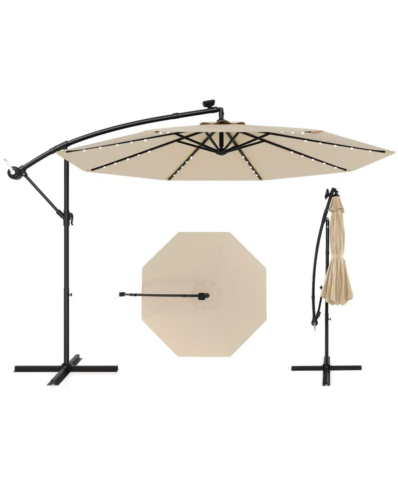 10 Feet Solar Offset Hanging Umbrella with 40 Lamp Beads and Solar Panel-Beige - Beige - Outdoor Umbrellas