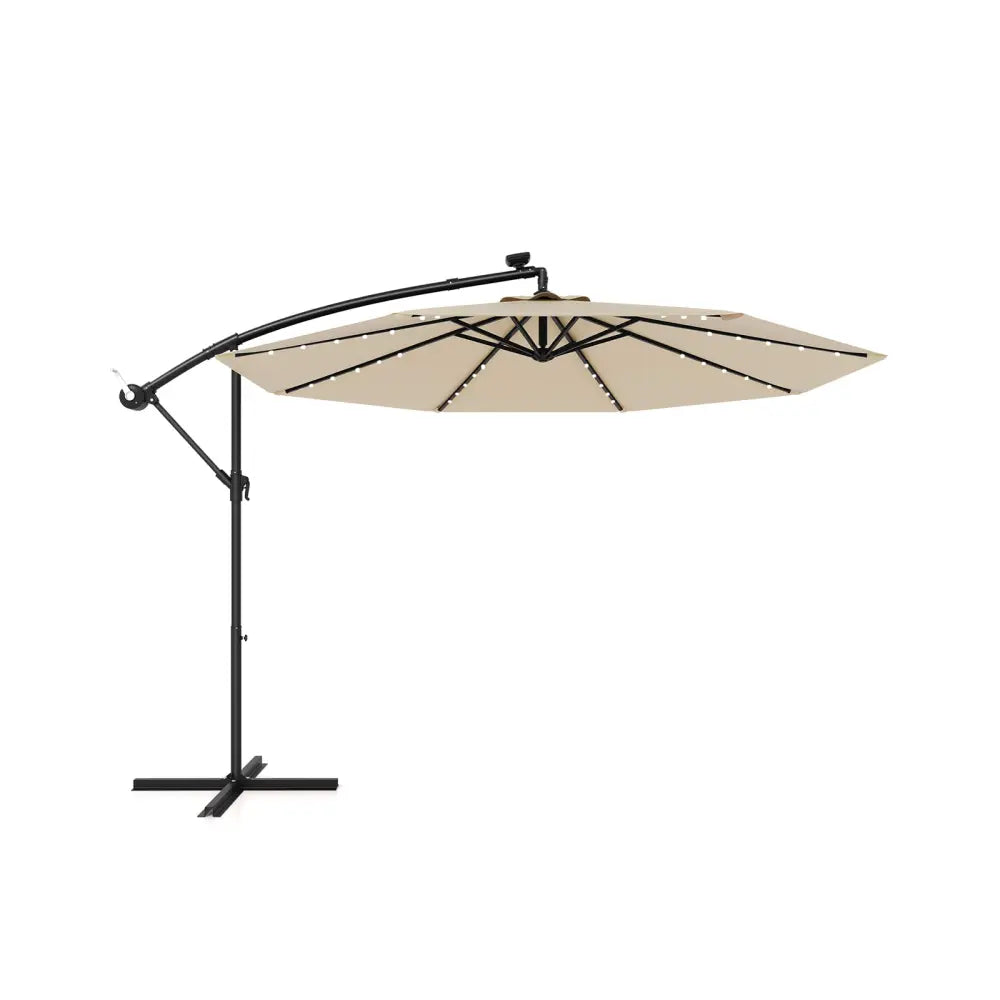 10 Feet Solar Offset Hanging Umbrella with 40 Lamp Beads and Solar Panel-Beige - Beige - Outdoor Umbrellas