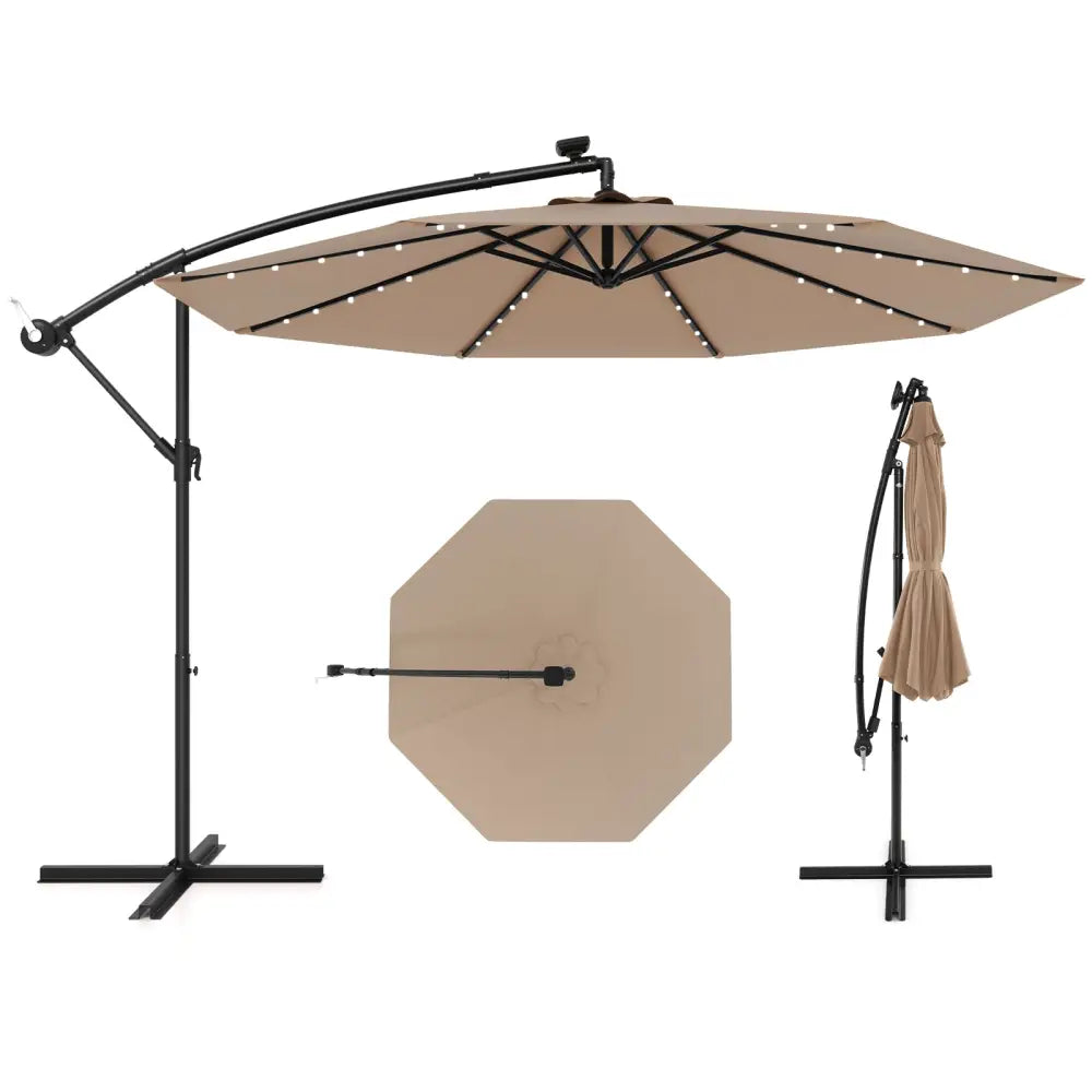 10 Feet Solar Offset Hanging Umbrella with 40 Lamp Beads and Solar Panel-Tan - Tan - Outdoor Umbrellas
