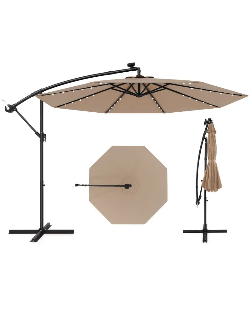10 Feet Solar Offset Hanging Umbrella with 40 Lamp Beads and Solar Panel-Tan - Tan - Outdoor Umbrellas