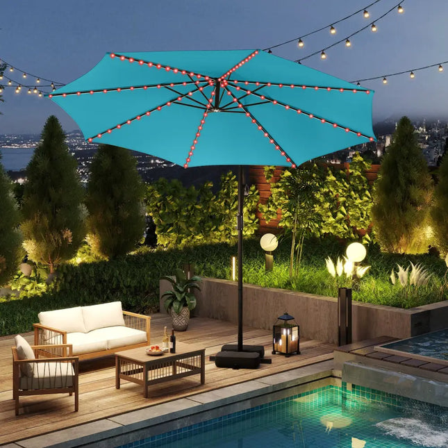 10 Feet Solar Offset Hanging Umbrella with Base and LED Lights-Turquoise - Turquoise - Outdoor Umbrellas