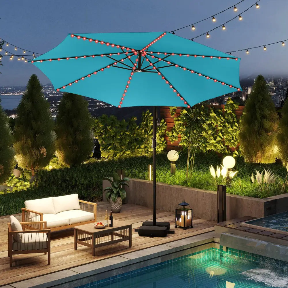 10 Feet Solar Offset Hanging Umbrella with Base and LED Lights-Turquoise - Turquoise - Outdoor Umbrellas