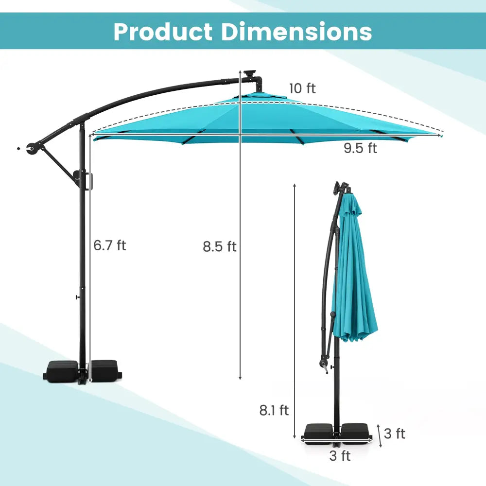 10 Feet Solar Offset Hanging Umbrella with Base and LED Lights-Turquoise - Turquoise - Outdoor Umbrellas