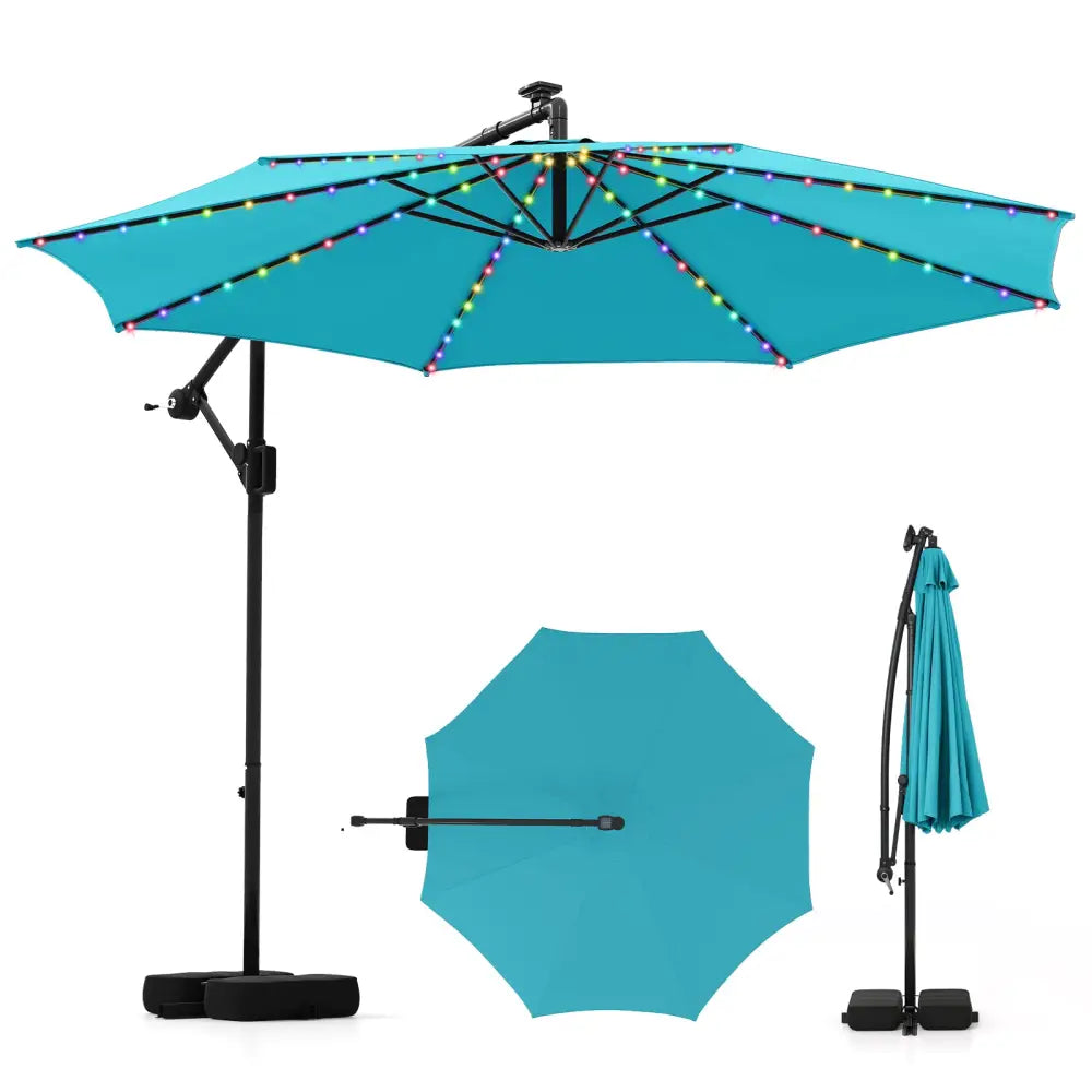 10 Feet Solar Offset Hanging Umbrella with Base and LED Lights-Turquoise - Turquoise - Outdoor Umbrellas