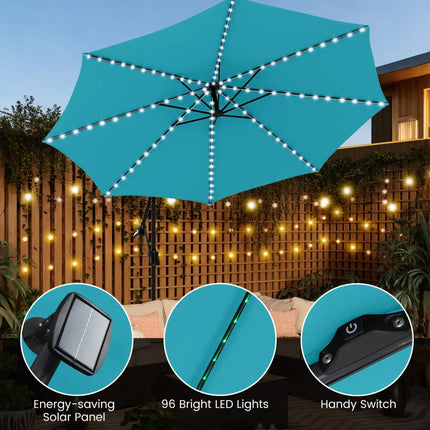 10 Feet Solar Offset Hanging Umbrella with Base and LED Lights-Turquoise - Turquoise - Outdoor Umbrellas