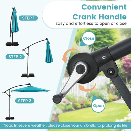 10 Feet Solar Offset Hanging Umbrella with Base and LED Lights-Turquoise - Turquoise - Outdoor Umbrellas
