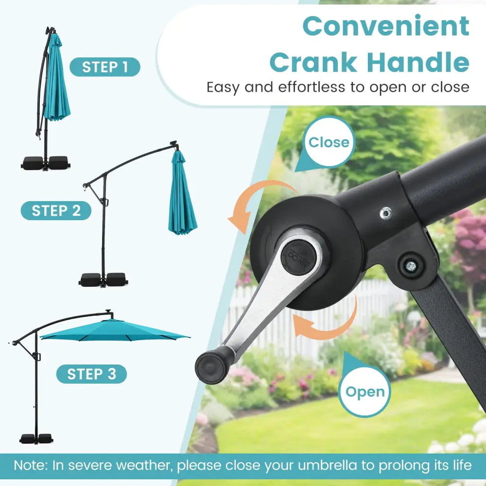 10 Feet Solar Offset Hanging Umbrella with Base and LED Lights-Turquoise - Turquoise - Outdoor Umbrellas