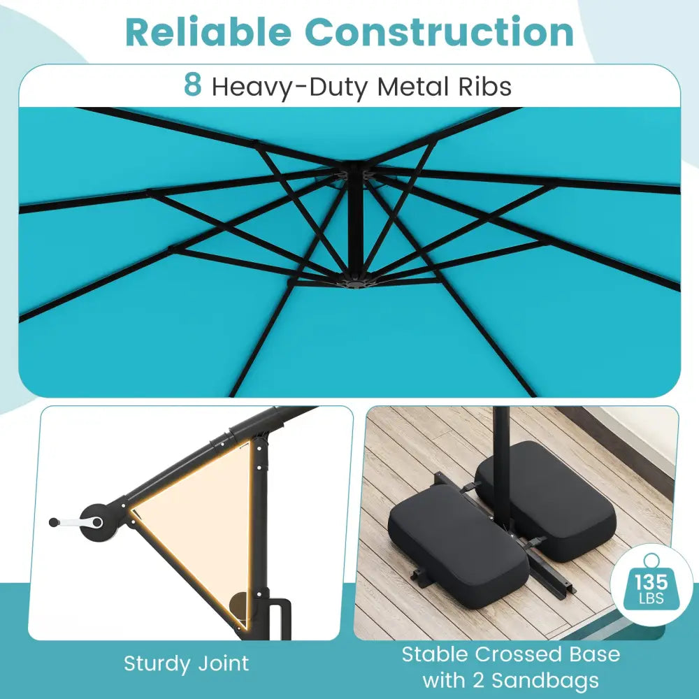 10 Feet Solar Offset Hanging Umbrella with Base and LED Lights-Turquoise - Turquoise - Outdoor Umbrellas