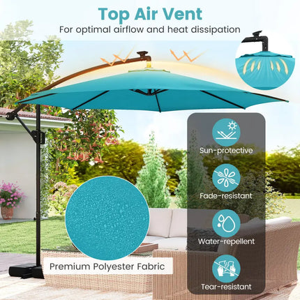 10 Feet Solar Offset Hanging Umbrella with Base and LED Lights-Turquoise - Turquoise - Outdoor Umbrellas