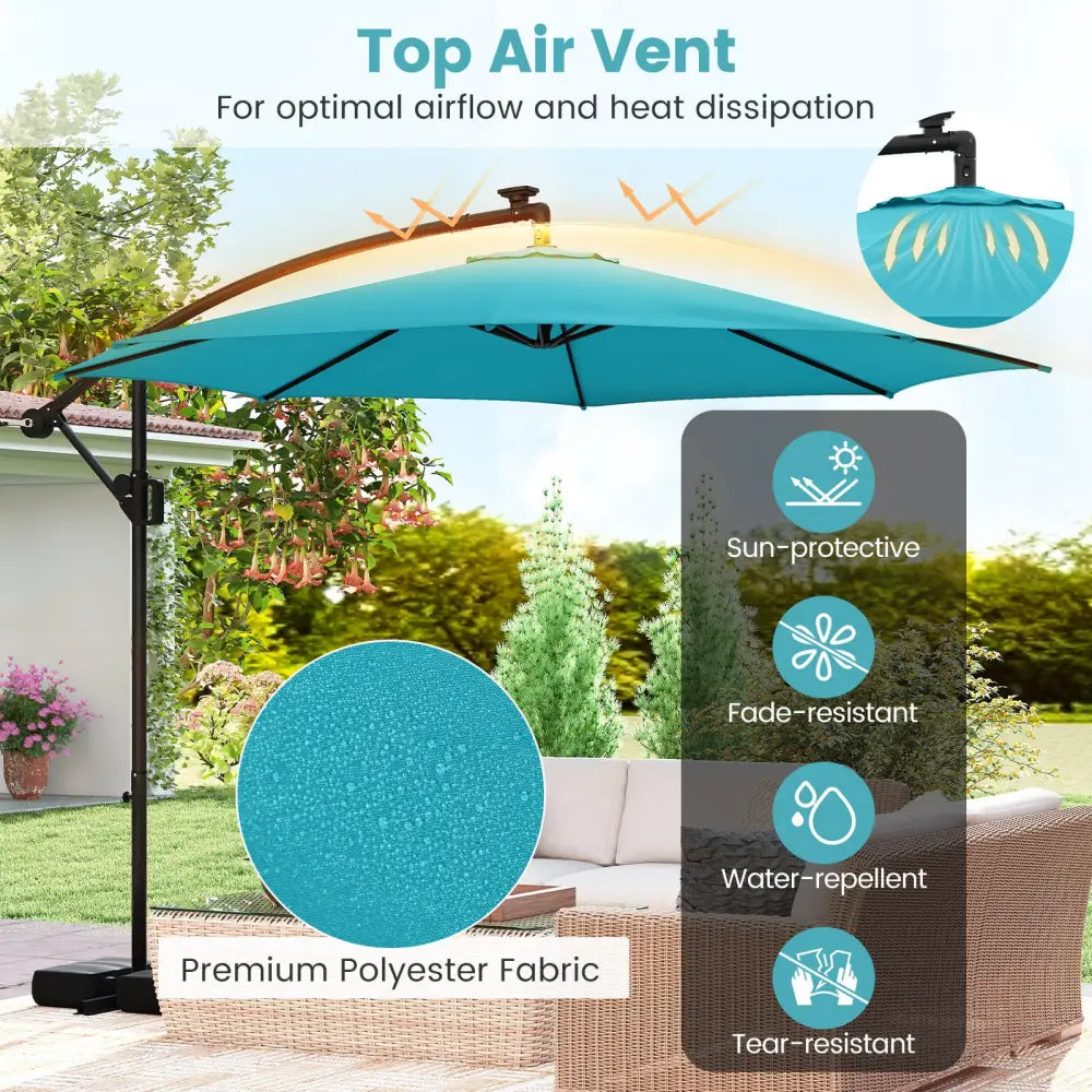 10 Feet Solar Offset Hanging Umbrella with Base and LED Lights-Turquoise - Turquoise - Outdoor Umbrellas