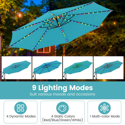 10 Feet Solar Offset Hanging Umbrella with Base and LED Lights-Turquoise - Turquoise - Outdoor Umbrellas