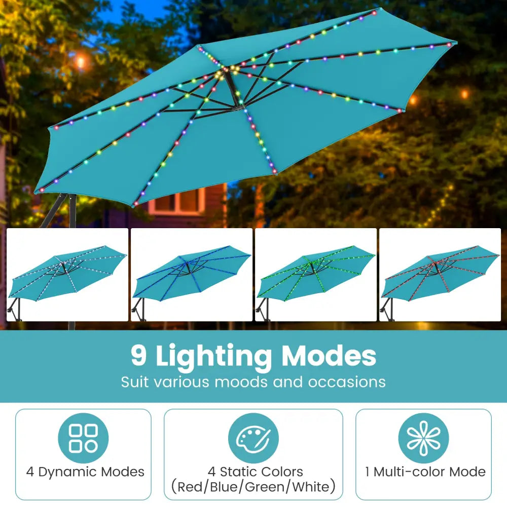 10 Feet Solar Offset Hanging Umbrella with Base and LED Lights-Turquoise - Turquoise - Outdoor Umbrellas