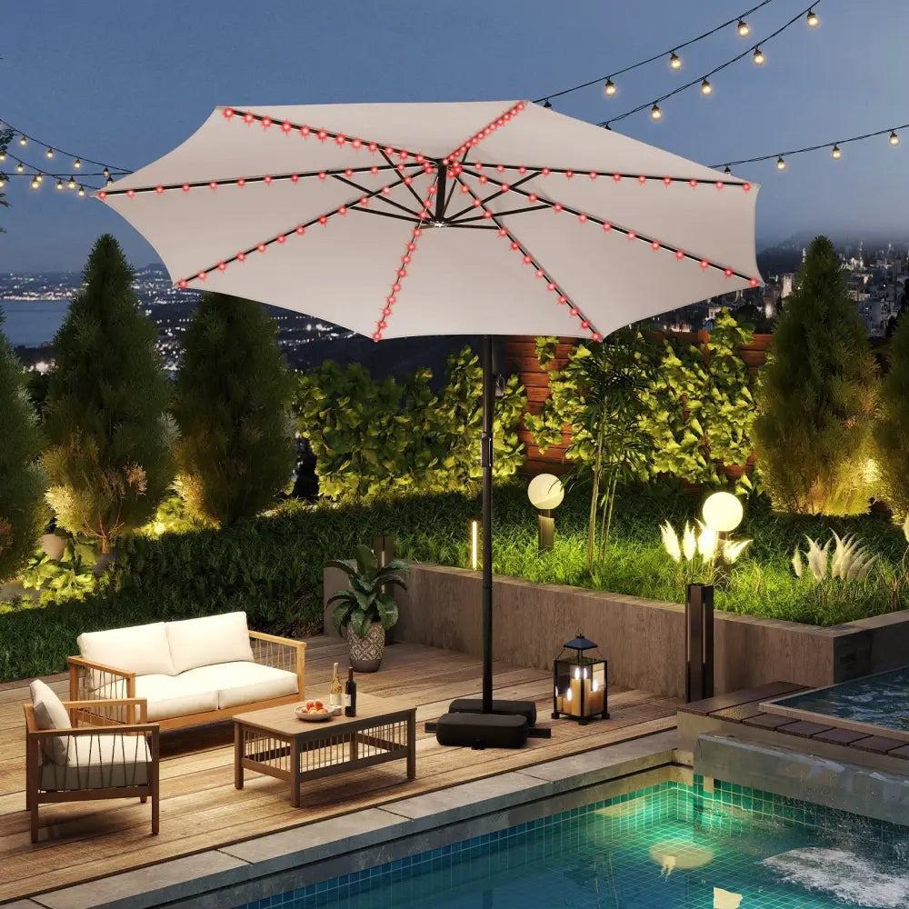 10 Feet Solar Offset Hanging Umbrella with Base and LED Lights-Beige - Beige - Outdoor Umbrellas