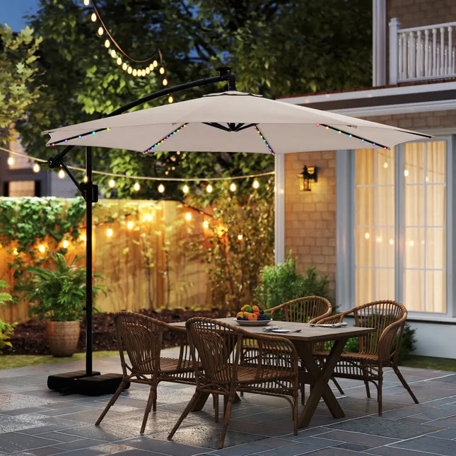 10 Feet Solar Offset Hanging Umbrella with Base and LED Lights-Beige - Beige - Outdoor Umbrellas