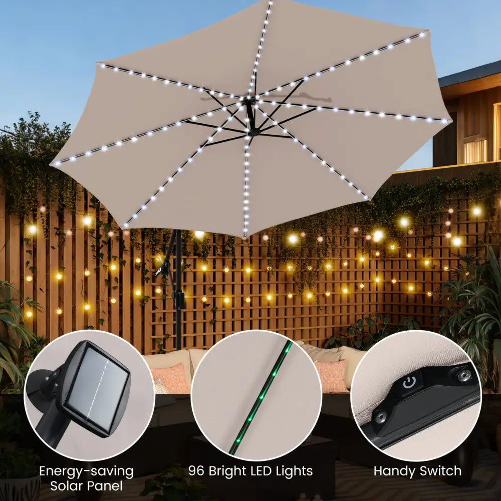 10 Feet Solar Offset Hanging Umbrella with Base and LED Lights-Beige - Beige - Outdoor Umbrellas