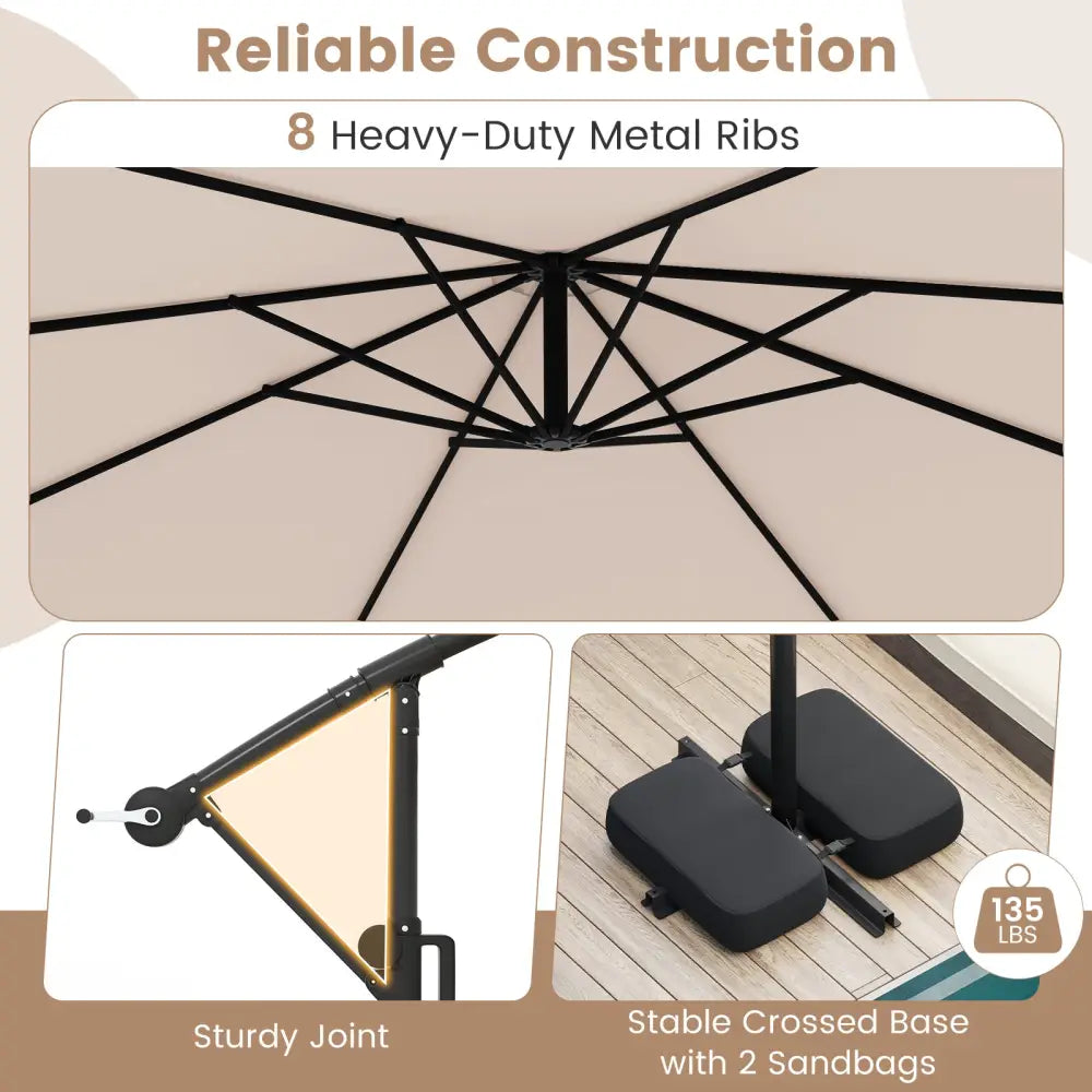 10 Feet Solar Offset Hanging Umbrella with Base and LED Lights-Beige - Beige - Outdoor Umbrellas