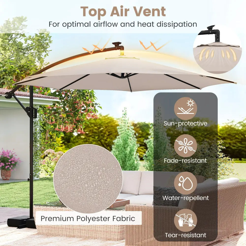 10 Feet Solar Offset Hanging Umbrella with Base and LED Lights-Beige - Beige - Outdoor Umbrellas