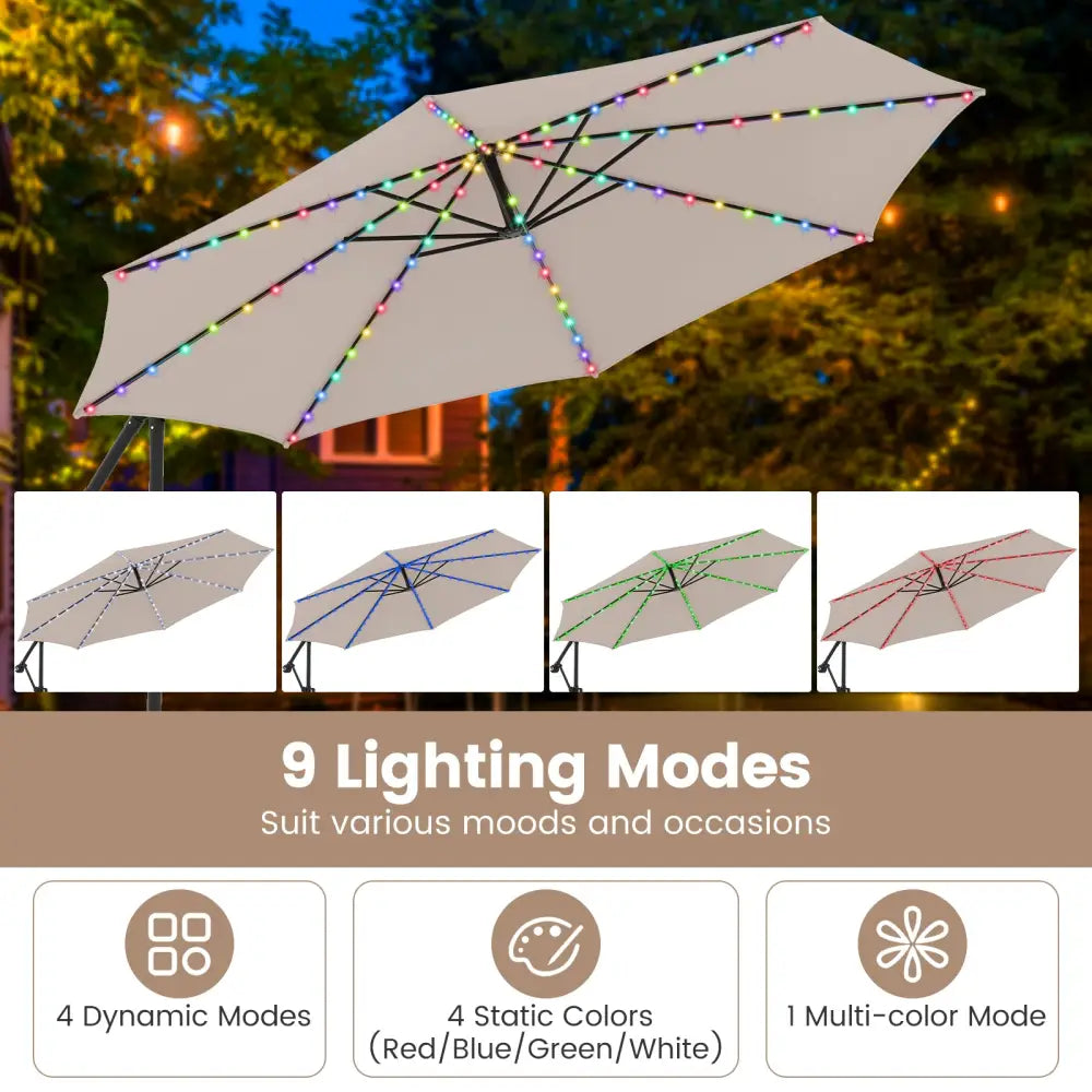10 Feet Solar Offset Hanging Umbrella with Base and LED Lights-Beige - Beige - Outdoor Umbrellas