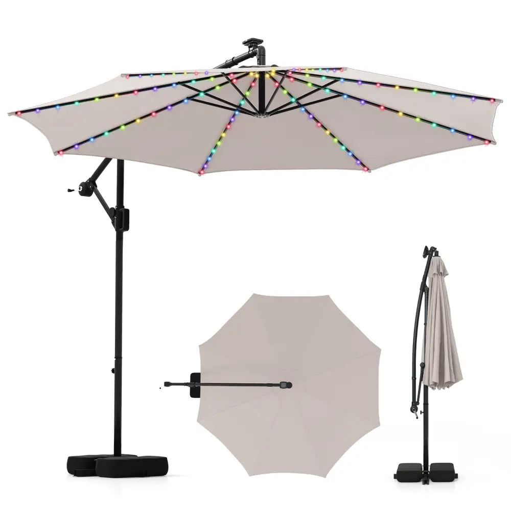 10 Feet Solar Offset Hanging Umbrella with Base and LED Lights-Beige - Beige - Outdoor Umbrellas