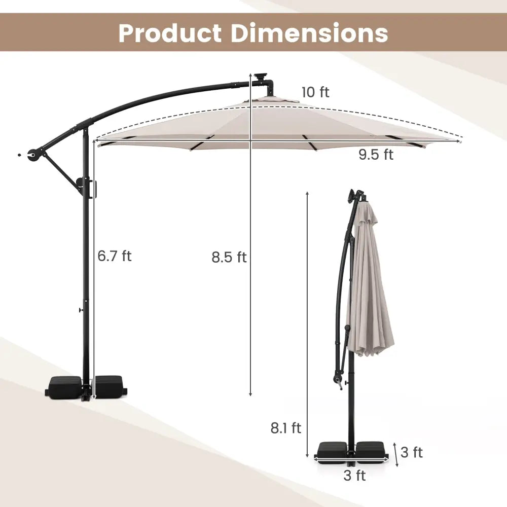 10 Feet Solar Offset Hanging Umbrella with Base and LED Lights-Beige - Beige - Outdoor Umbrellas