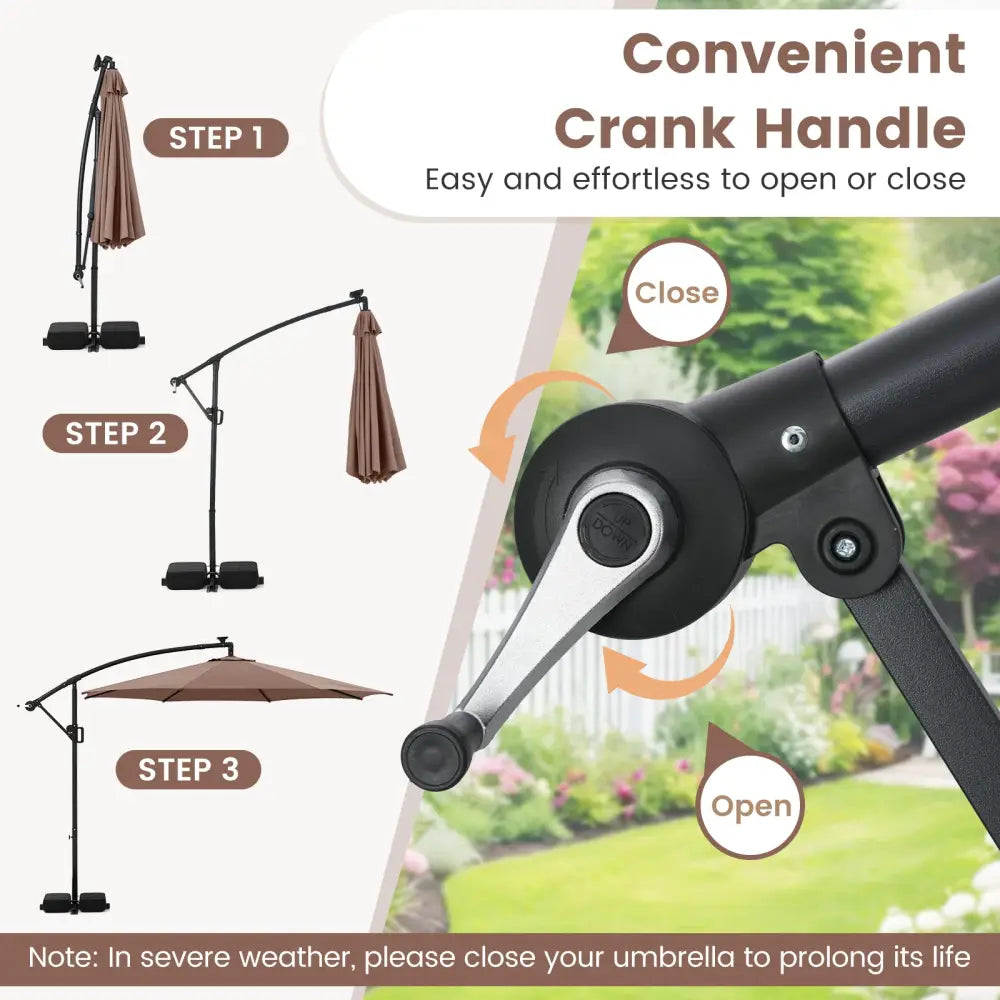 10 Feet Solar Offset Hanging Umbrella with Base and LED Lights-Coffee - Coffee - Outdoor Umbrellas