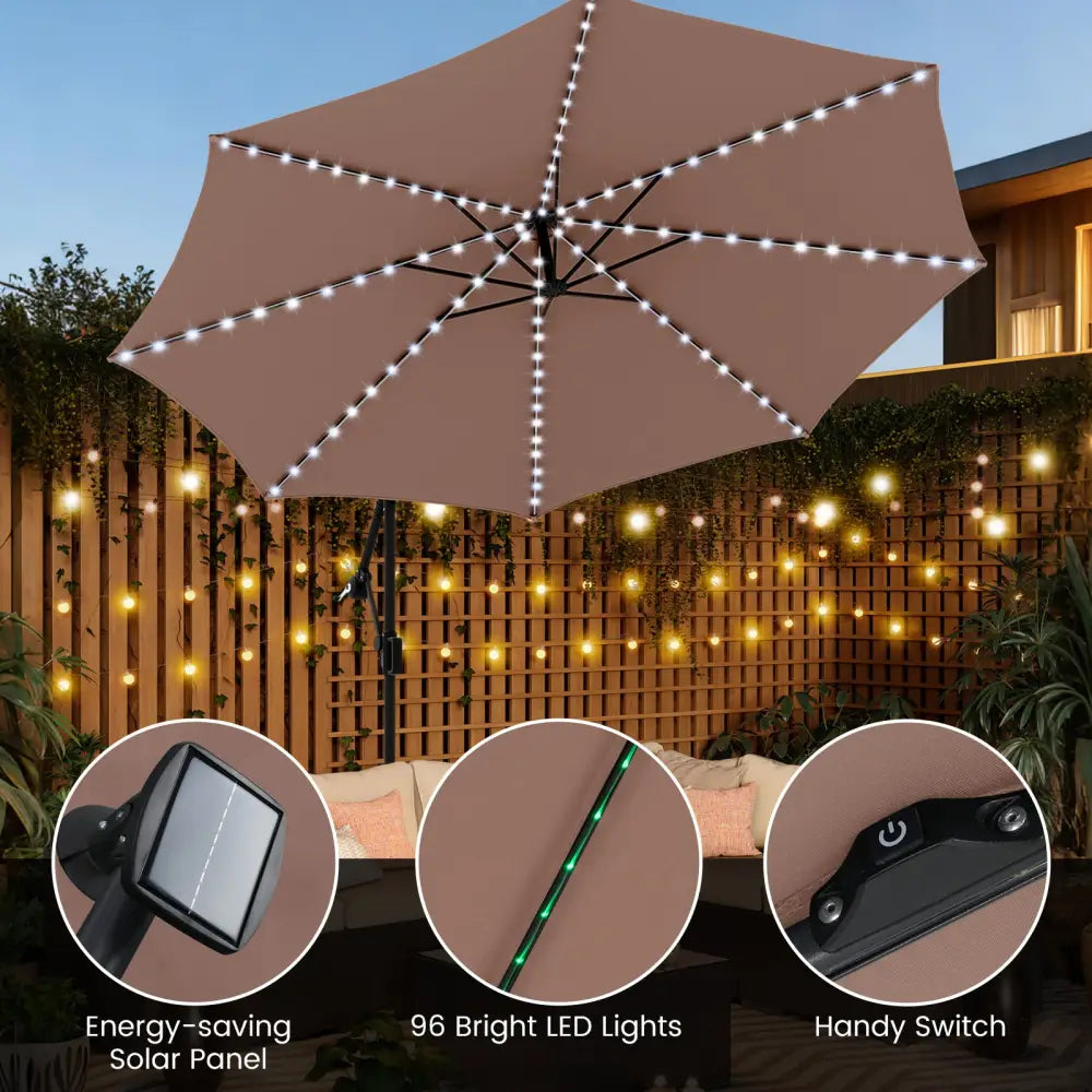 10 Feet Solar Offset Hanging Umbrella with Base and LED Lights-Coffee - Coffee - Outdoor Umbrellas